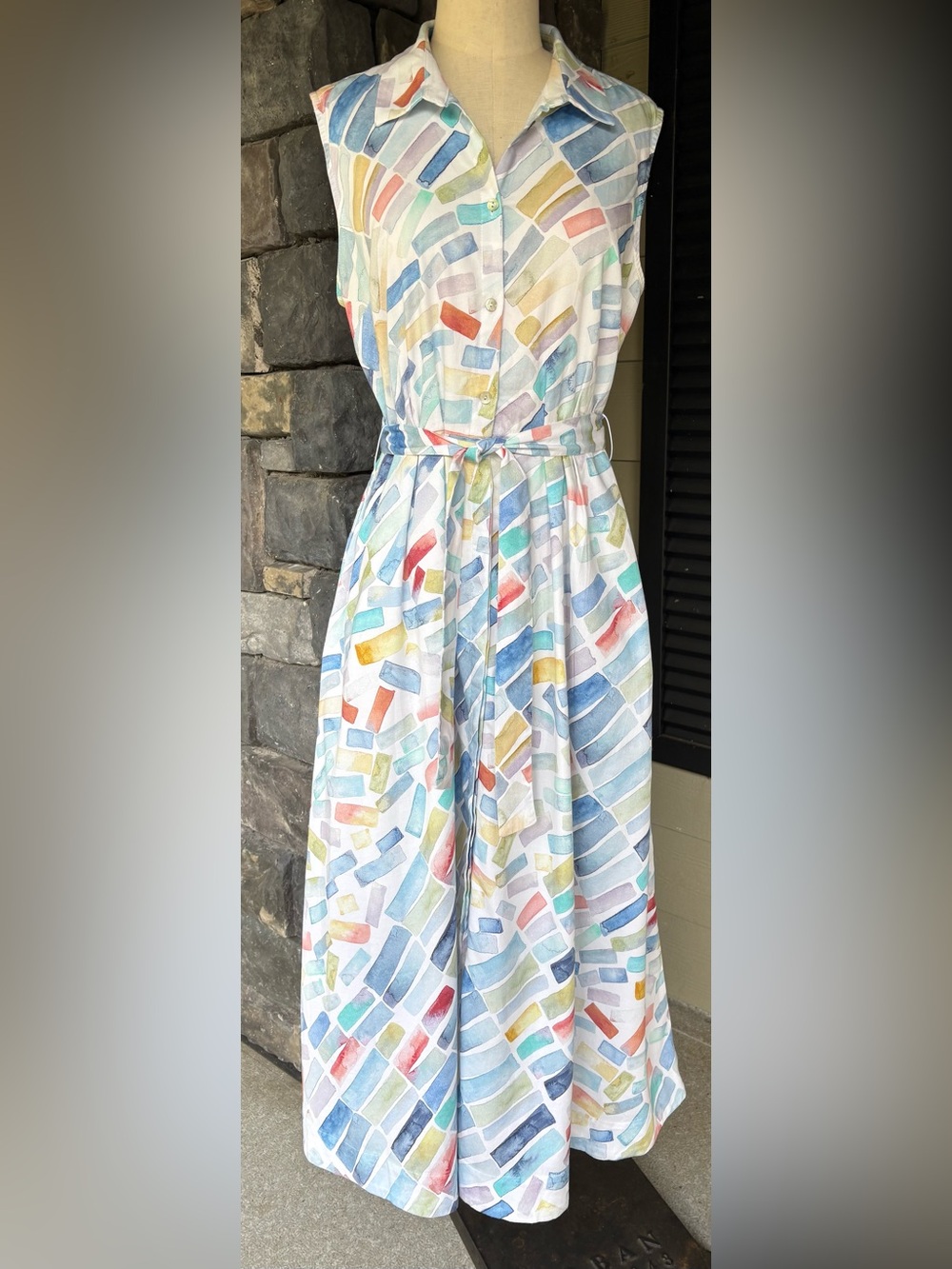Dolcezza Simply Art Abstract Watercolour Sleeveless Shirt Dress Pockets Size M